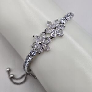 Swarovski Crystal Elements Silver Floral Slide Bracelet Flower Prom Bridal